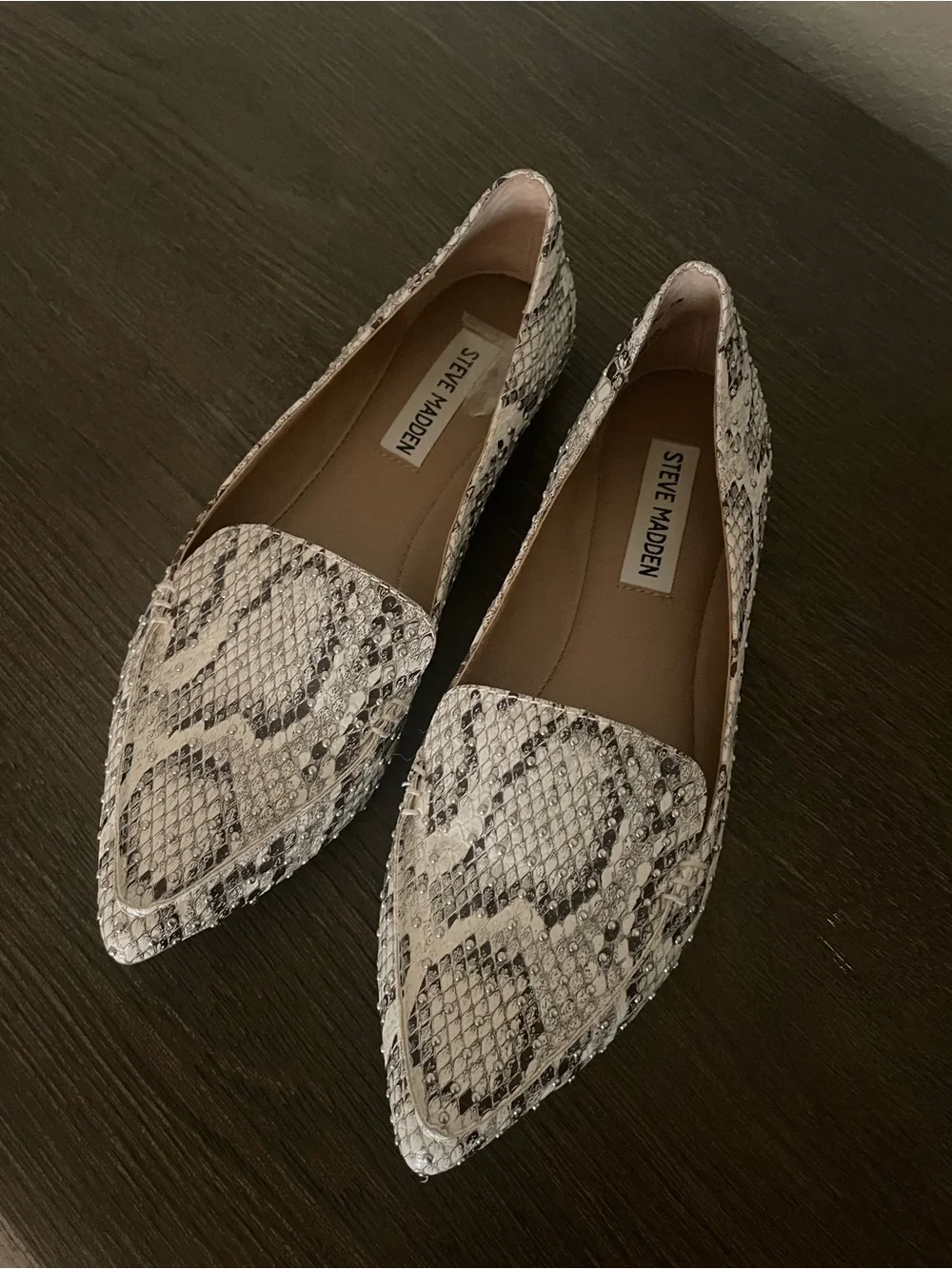 Steve Madden Snake Skin Pointed Toe Loafers - White Gray